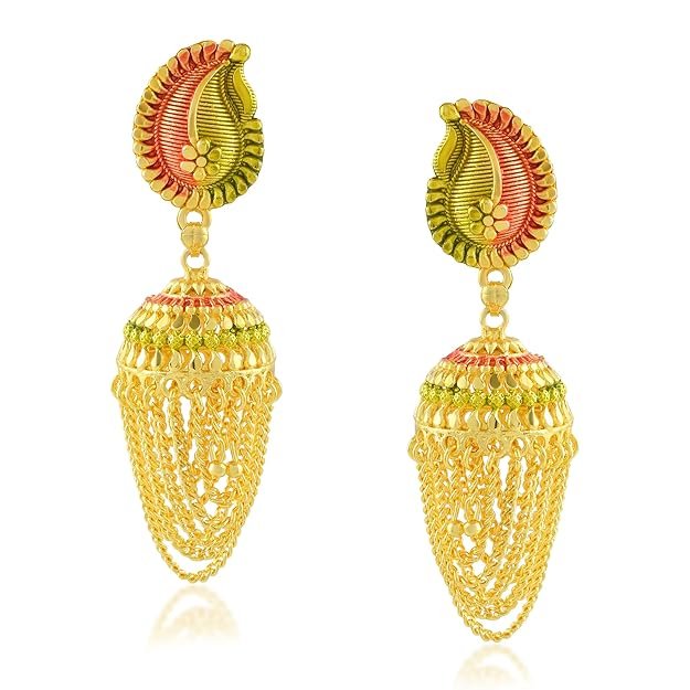 1 Gram Gold Traditional Meenakari Jhumki Earrings with loupe Chain Tassels bridal handmade Earrings