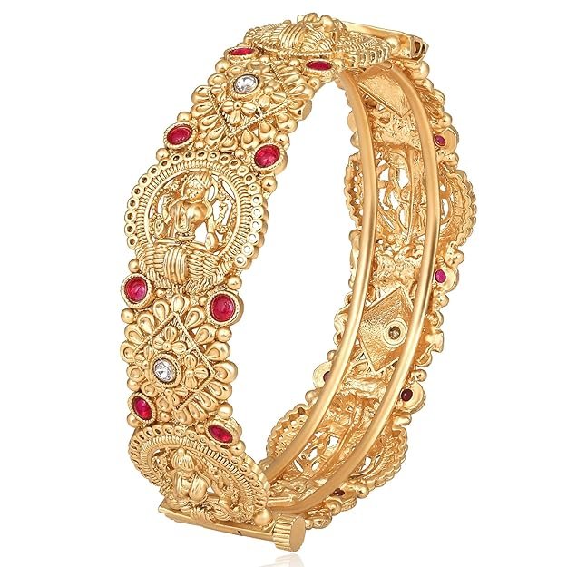 Gold Plated Goddess Laxmi Thick Synthetic Stone Studded Single Piece Openable Kada Bangle Antique Jewellery