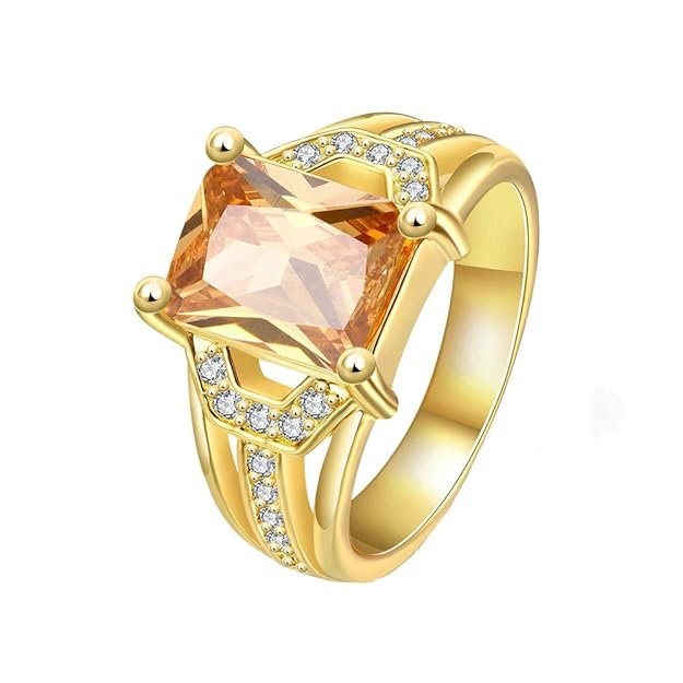 Yellow Sapphire Style Big Yellow Crystal Golden Ring for Women and Girls
